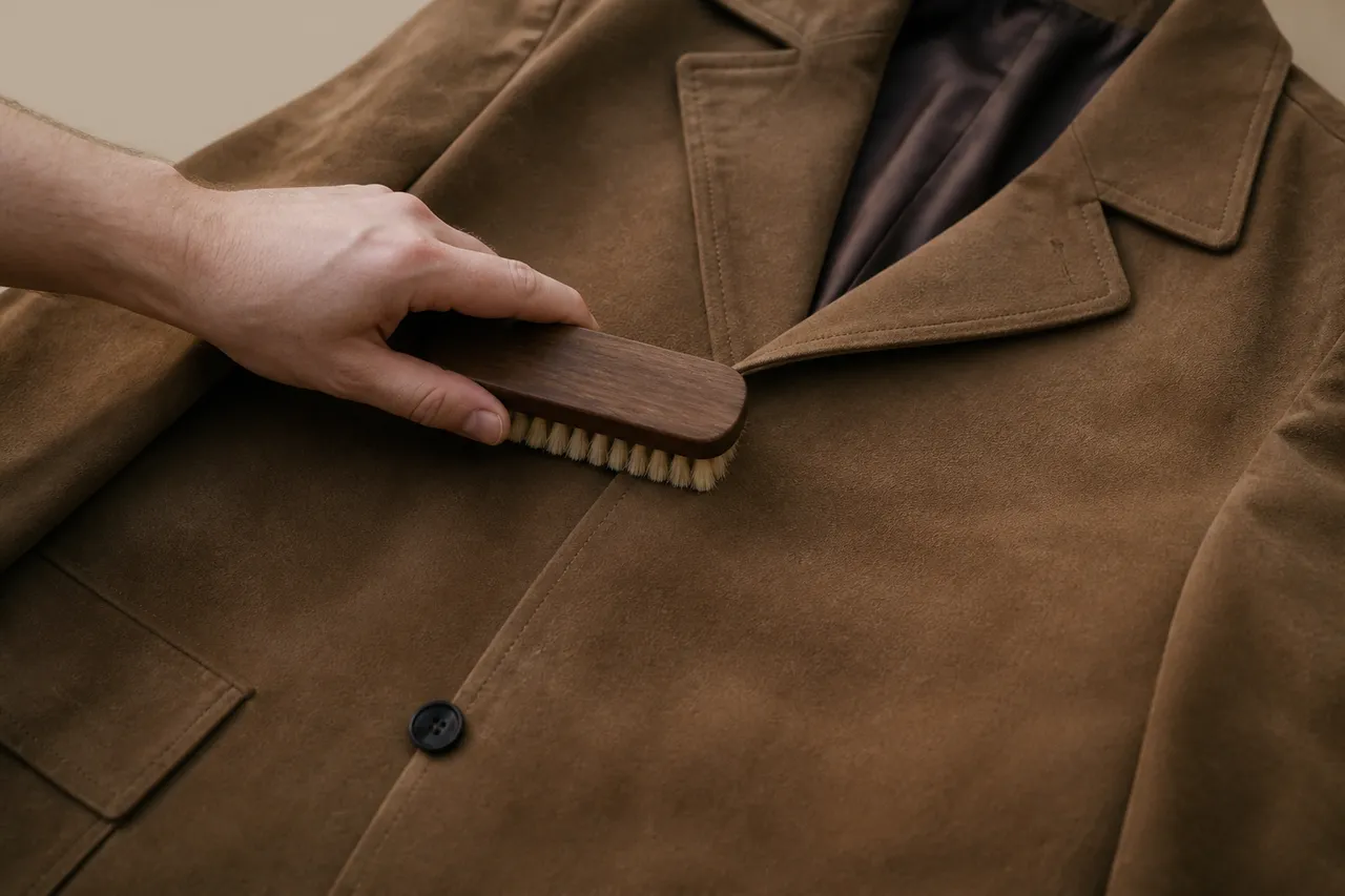 Brossage d'un manteau en peau retournée pour retirer la poussière