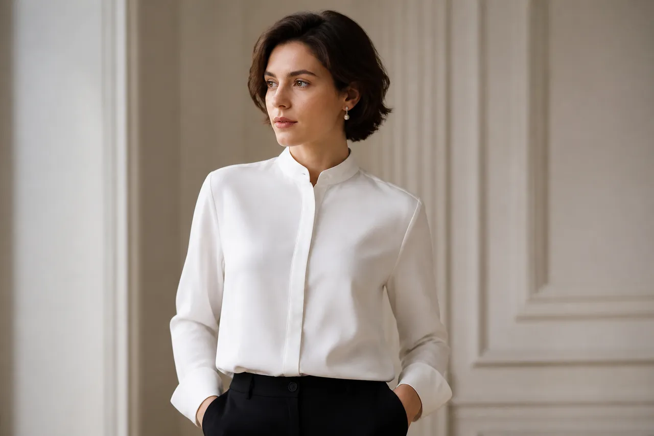 Chemisier femme col montant structuré, style haut de gamme