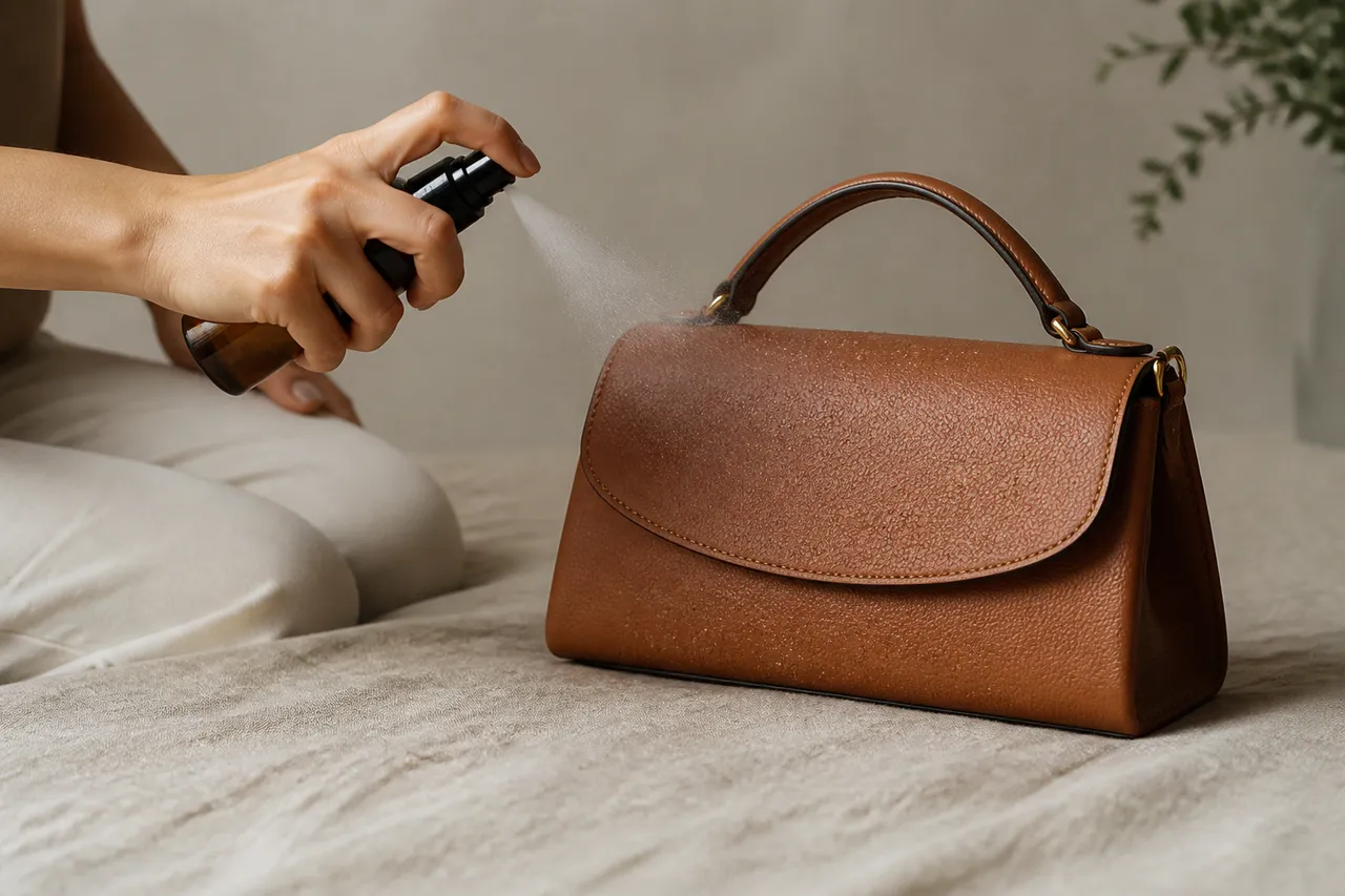 Application d'un imperméabilisant sur un sac en cuir