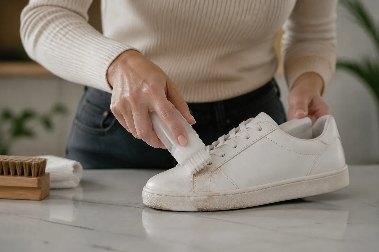 Prétraitement d'une basket blanche avant lavage en machine