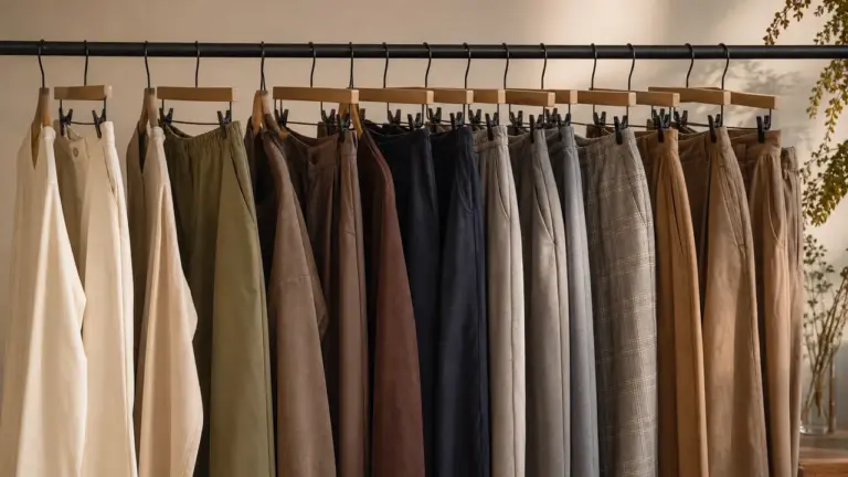 Différents types de pantalon sur un rack, du jean au chino