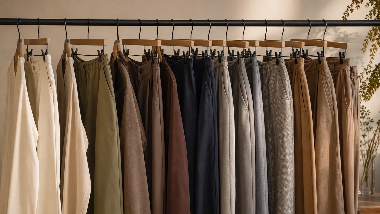 Différents types de pantalon sur un rack, du jean au chino