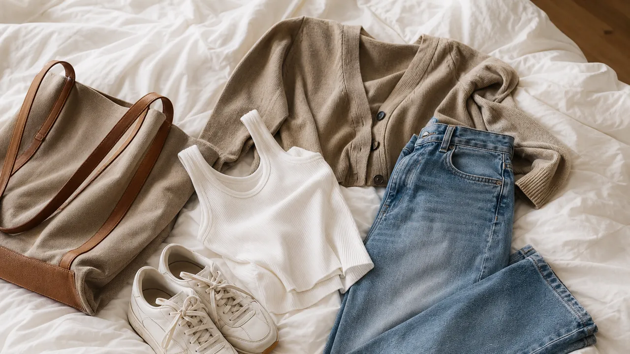 Tenue confortable préparée sur un lit avec baskets et tote bag